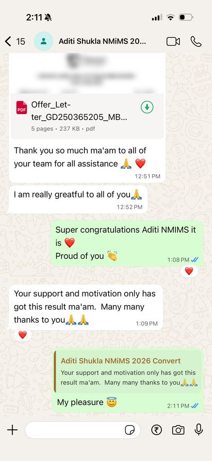 Aditi, NMIMS Mumbai convert WhatsApp screenshot