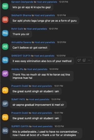Live chat from Verbal BootCamp Day 3, 8 PM batch, with students calling the session awesome