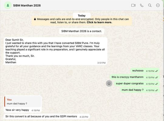 Manthan, SIBM Pune convert WhatsApp screenshot