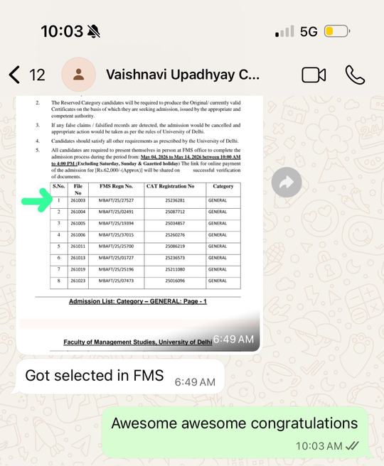 Vaishnavi, FMS Delhi convert WhatsApp screenshot