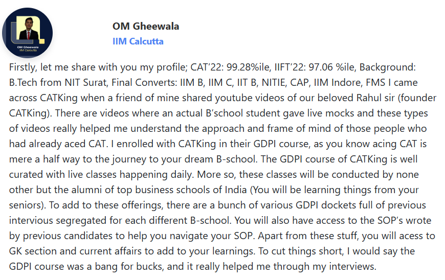 CATKing student testimonial showing GDPI success and final convert experience
